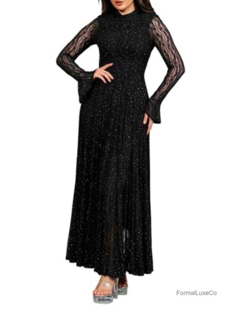 Pleated Midi Chiffon Dress Ruffle Hem Cocktail Wedding Guest